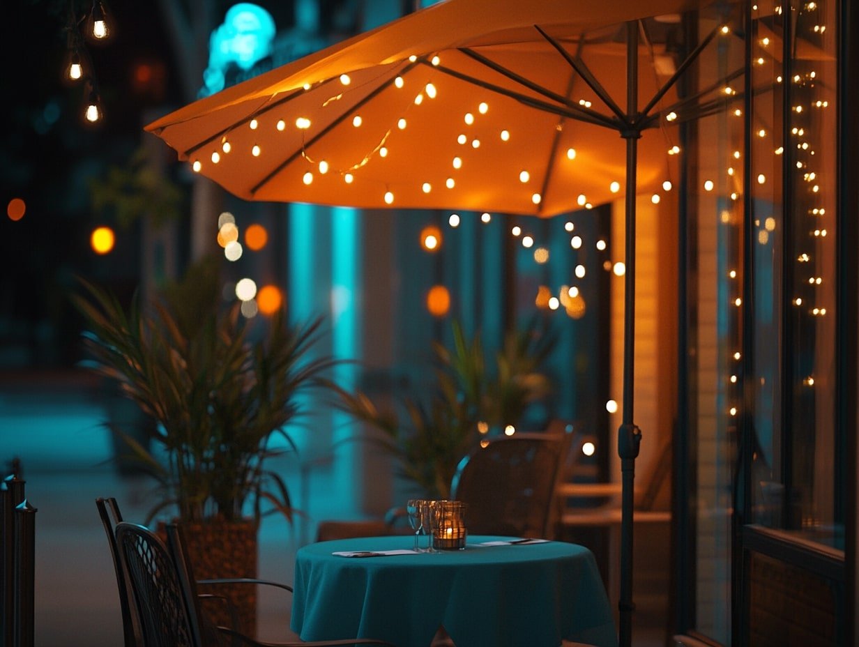 Outdoor Dining with Umbrella-Wrapped Bulbs