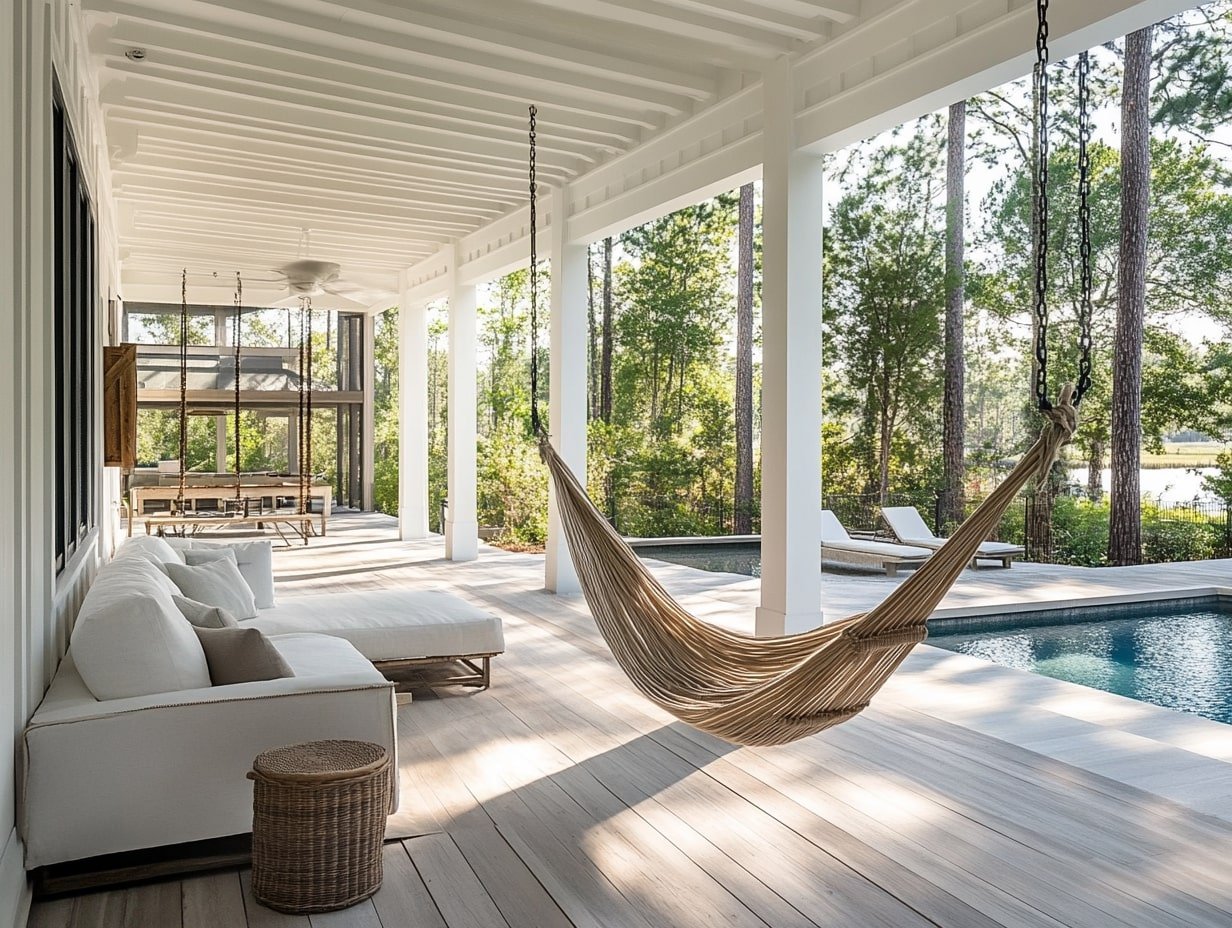 Create a Serene Beach-Themed Patio with Light Wood, White Accents, and Hammock Charm