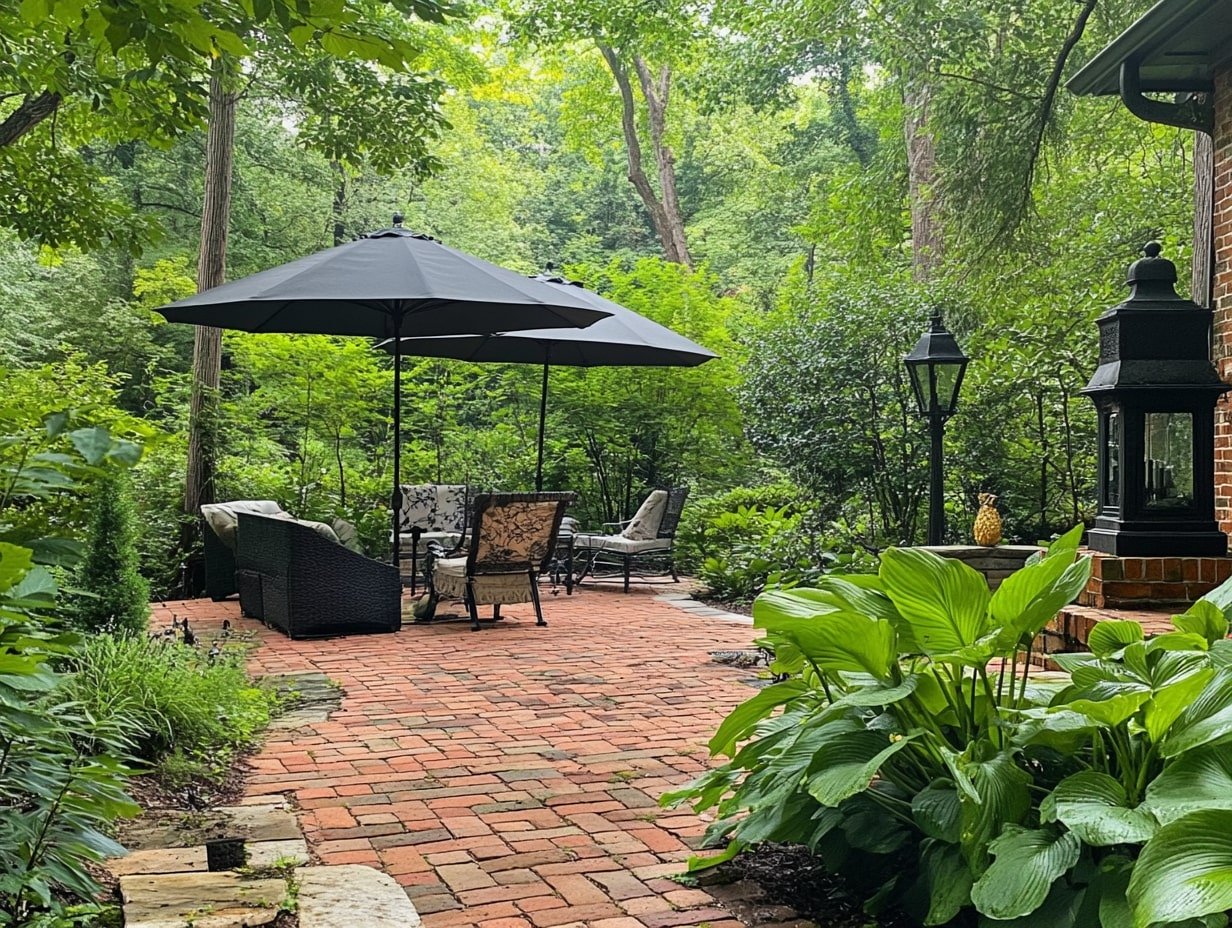 Embrace Woodland Serenity with a Brick Patio and Classic Umbrella Shade