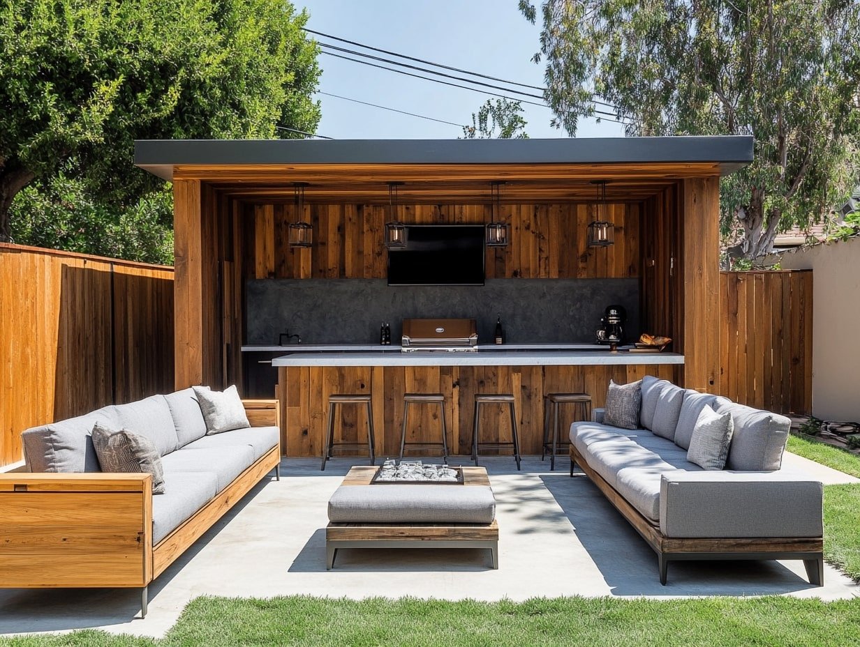 Design a Concrete Patio Lounge with Sleek Wood and Gray Accents for Modern Backyard Comfort