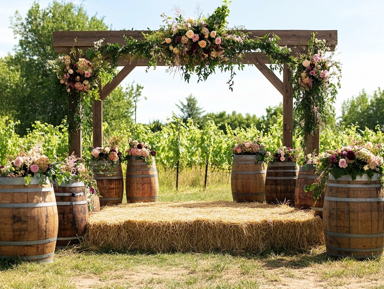 Country Wedding Stage with Wine Barrels