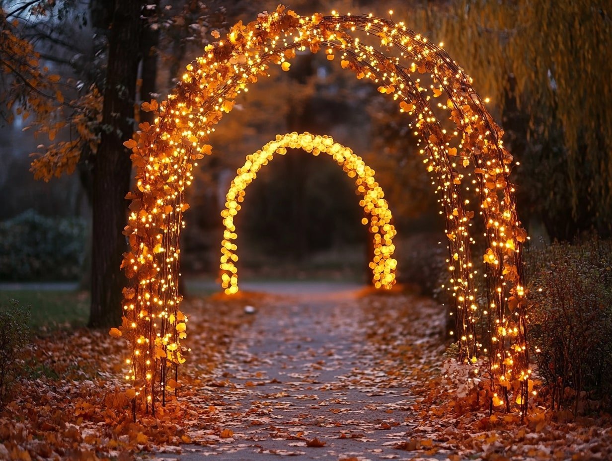 Create a Lighted Archway with Autumn Leaves and Fairy Lights for a Magical Grand Entrance