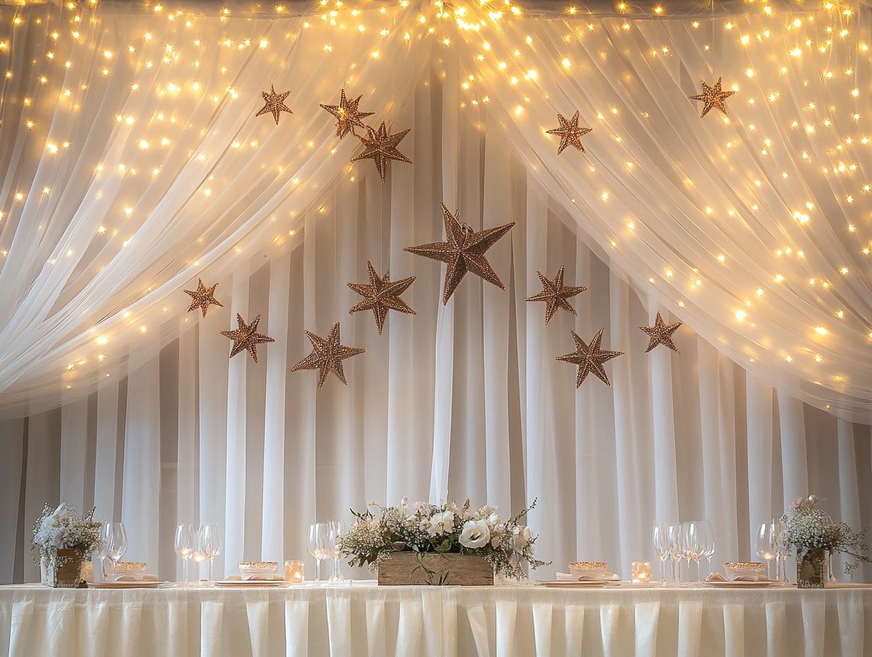 Create a Lighted Canopy with Draped Fabric and String Lights for a Dreamy Setting