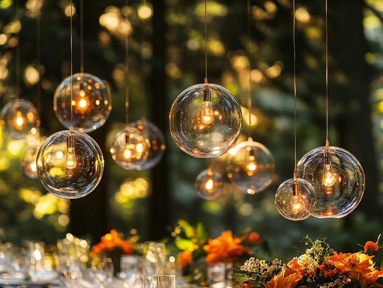 Decorate Trees with Hanging Glass Globes for an Elegant Garden Wedding Glow
