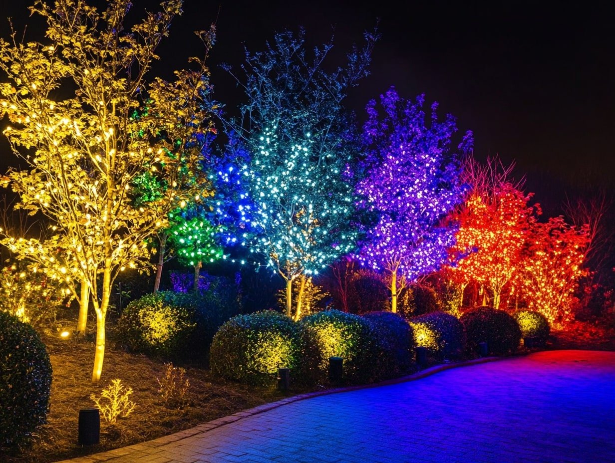 Enhance Garden Greenery with Colorful Uplighting for a Striking Nighttime Display