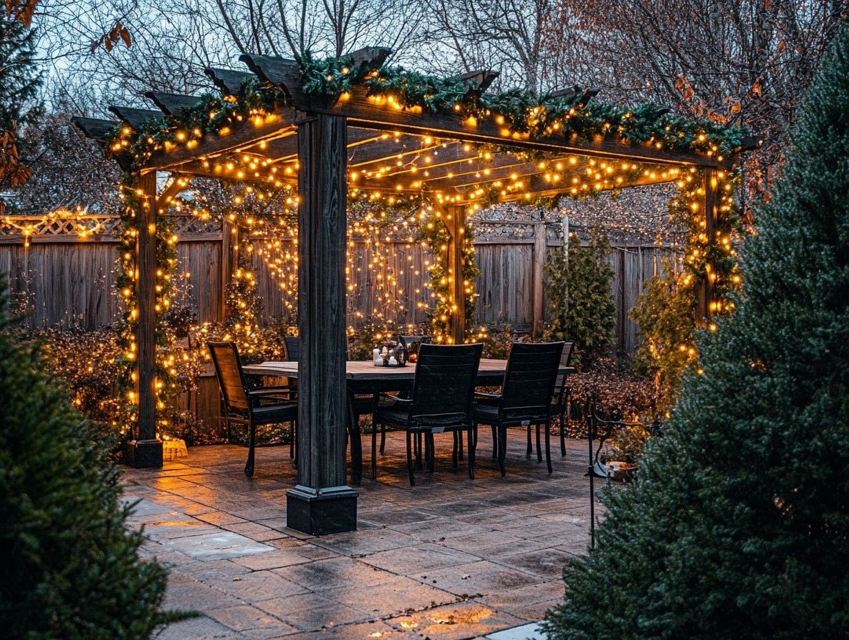 Festive Pergola Draped with Lights and Greenery