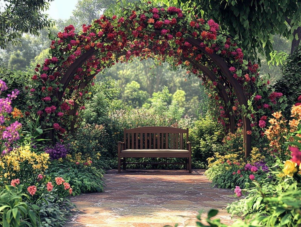Garden Bench Under a Blossoming Tunnel