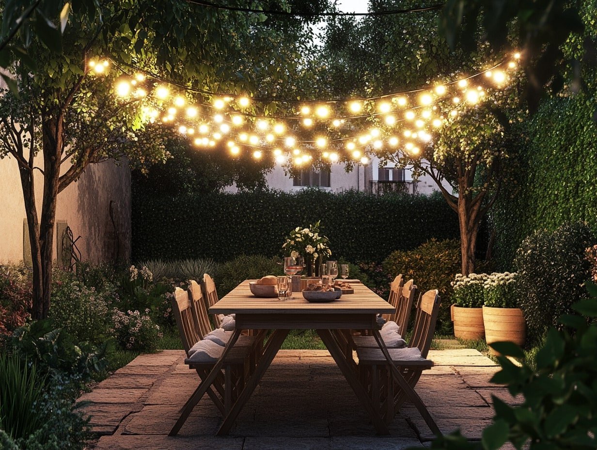 Outdoor Garden Dining Room with String Lights