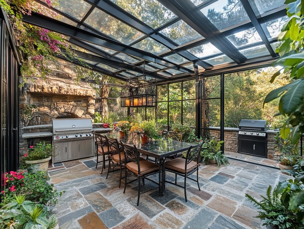 Dine in Natural Light Beneath a Sleek Glass Roof and Stone Fireplace Ambiance
