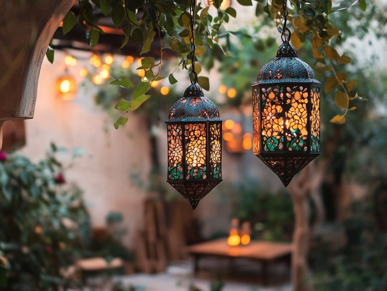 Exotic Ambiance by Hanging Moroccan Lanterns from Your Pergola Beams
