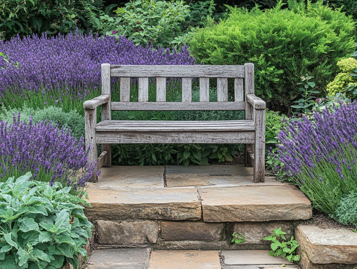 Simple Wooden Bench Nestled in Lush Lavender