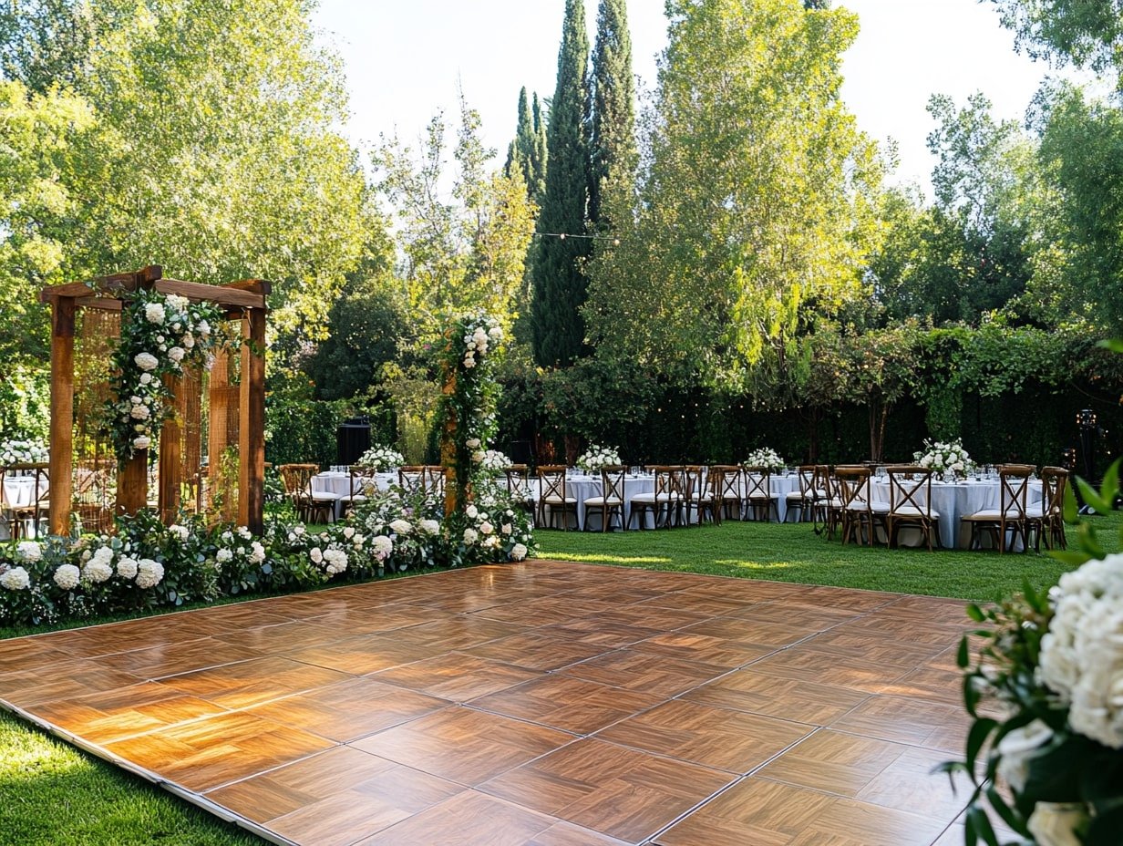 Elegant Interlocking Deck Tile Dance Floor for a Polished Outdoor Reception