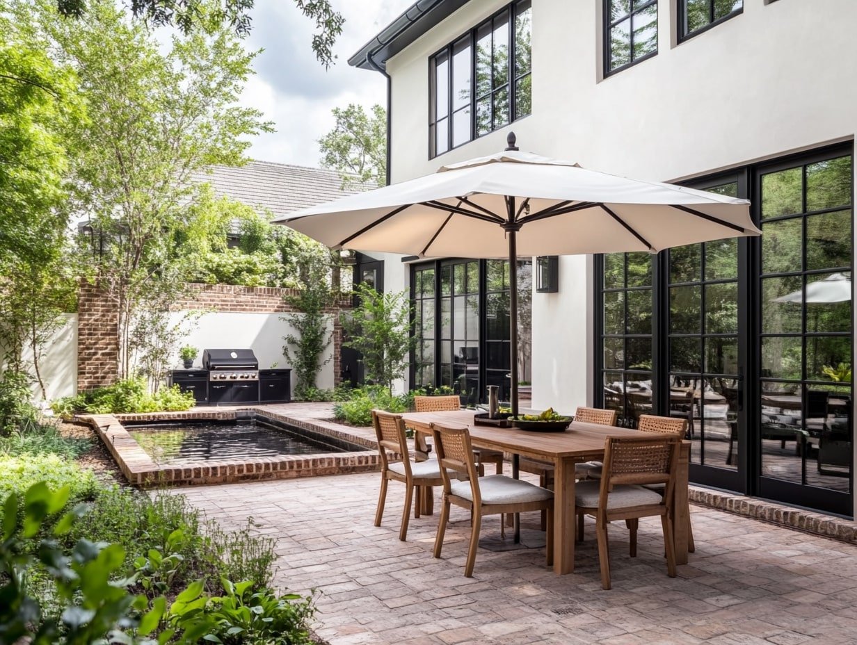 Create a Sophisticated Outdoor Dining Patio with Clean Lines and Modern Warmth