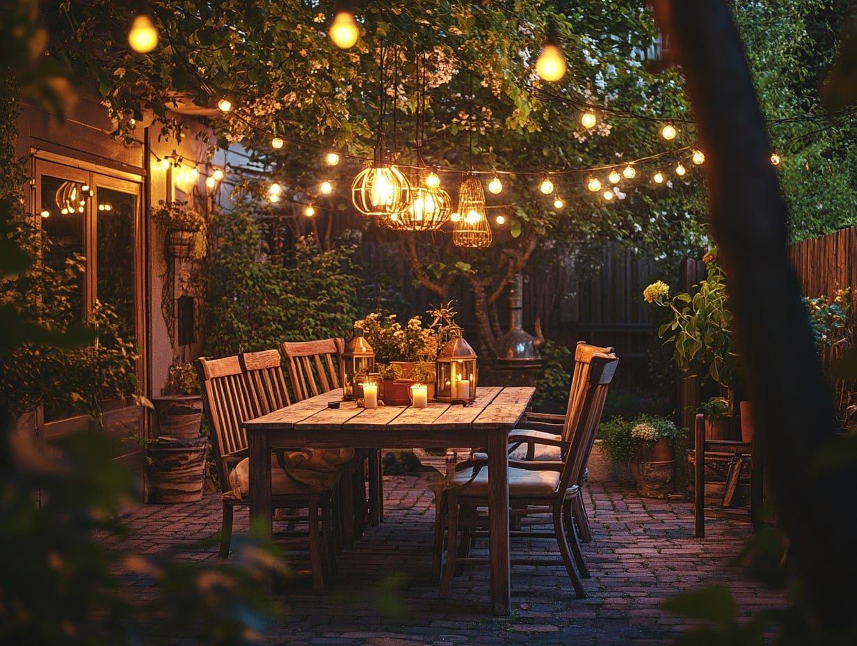 Dine Under the Glow of String Lights in a Rustic Garden Patio