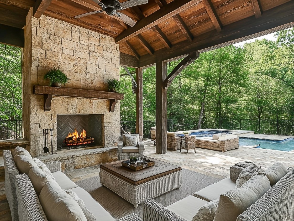 Cozy Up in a Rustic Outdoor Room with a Stone Fireplace and Poolside View