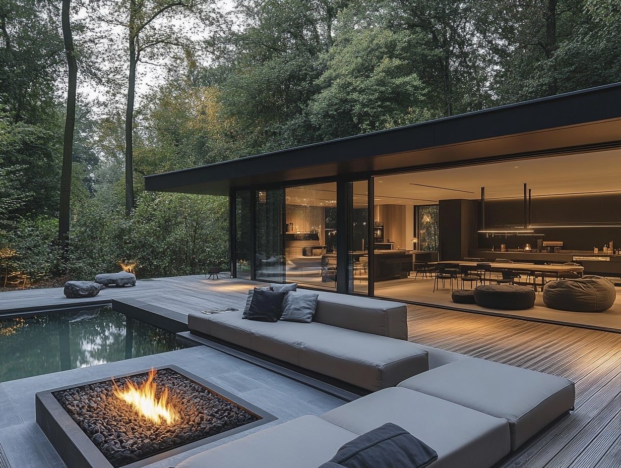 Embrace Sleek Luxury with Built-In Benches and a Modern Fire Pit Patio