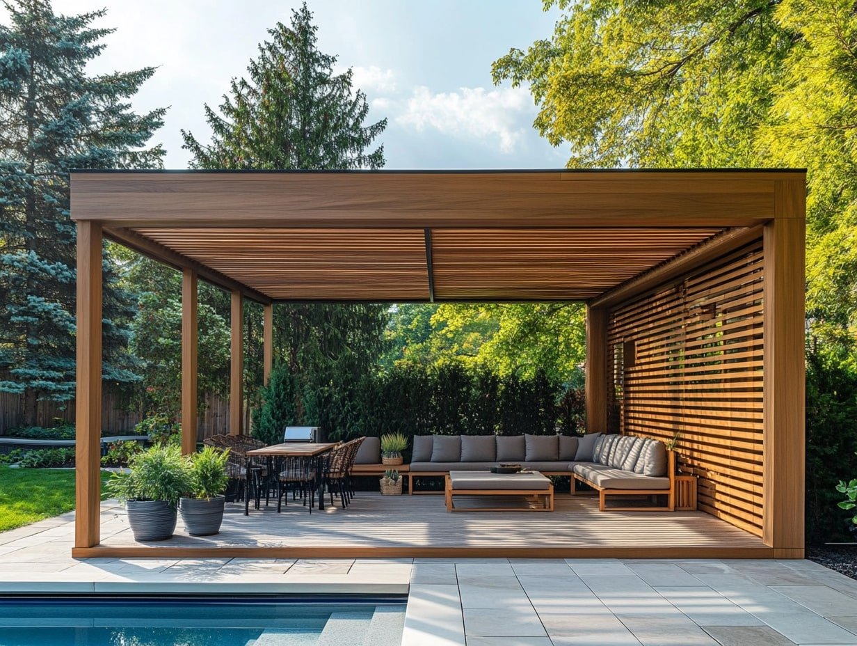 Design a Sleek Outdoor Room with Wood Privacy Panels and Poolside Lounging