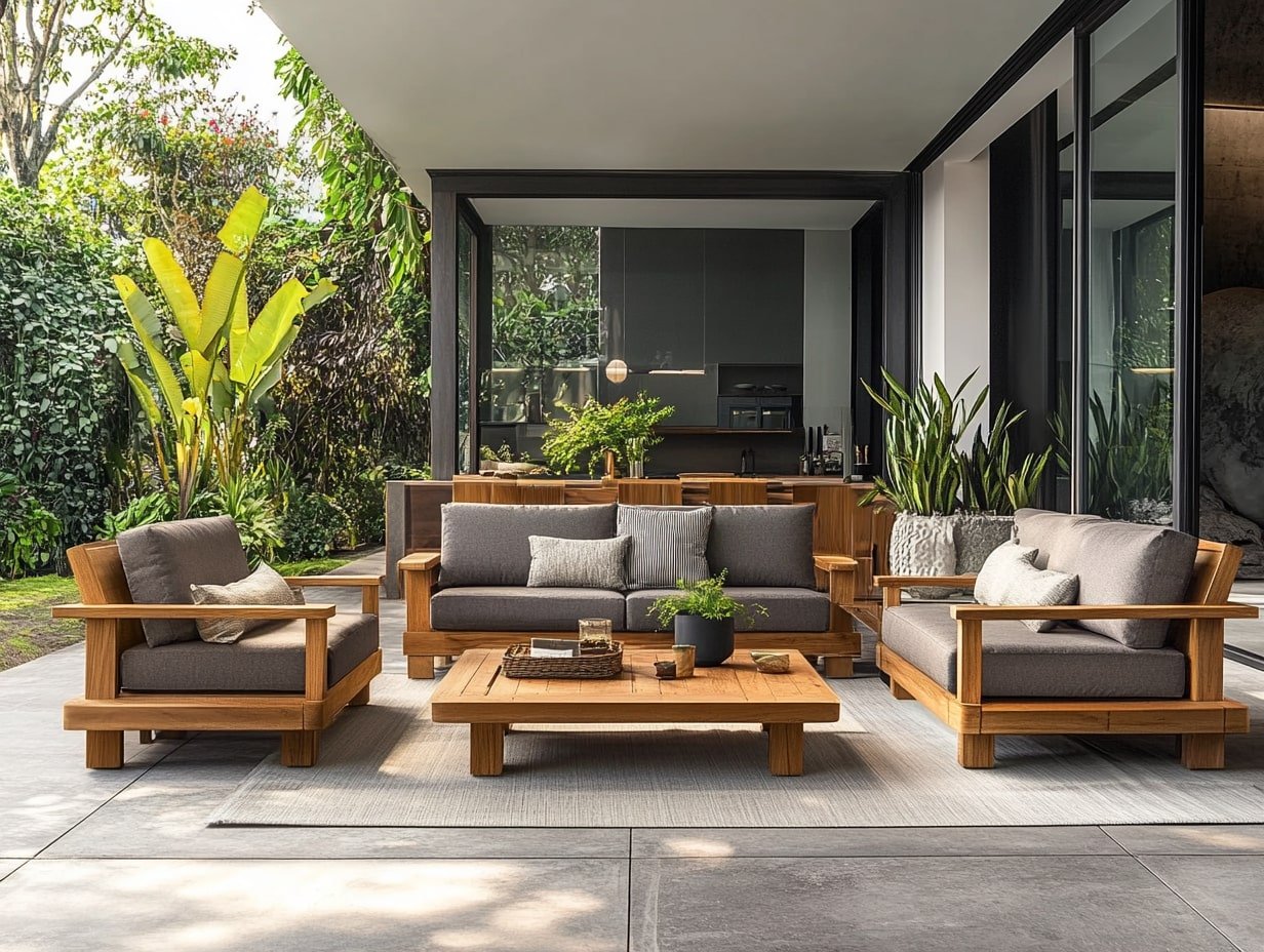 Define Your Outdoor Room with Versatile Wooden Seating and Lush Surroundings