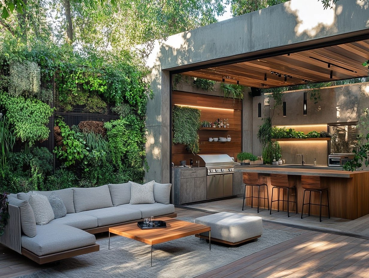 Design a Chic Outdoor Room with a Lush Vertical Garden and Sleek Kitchen Bar