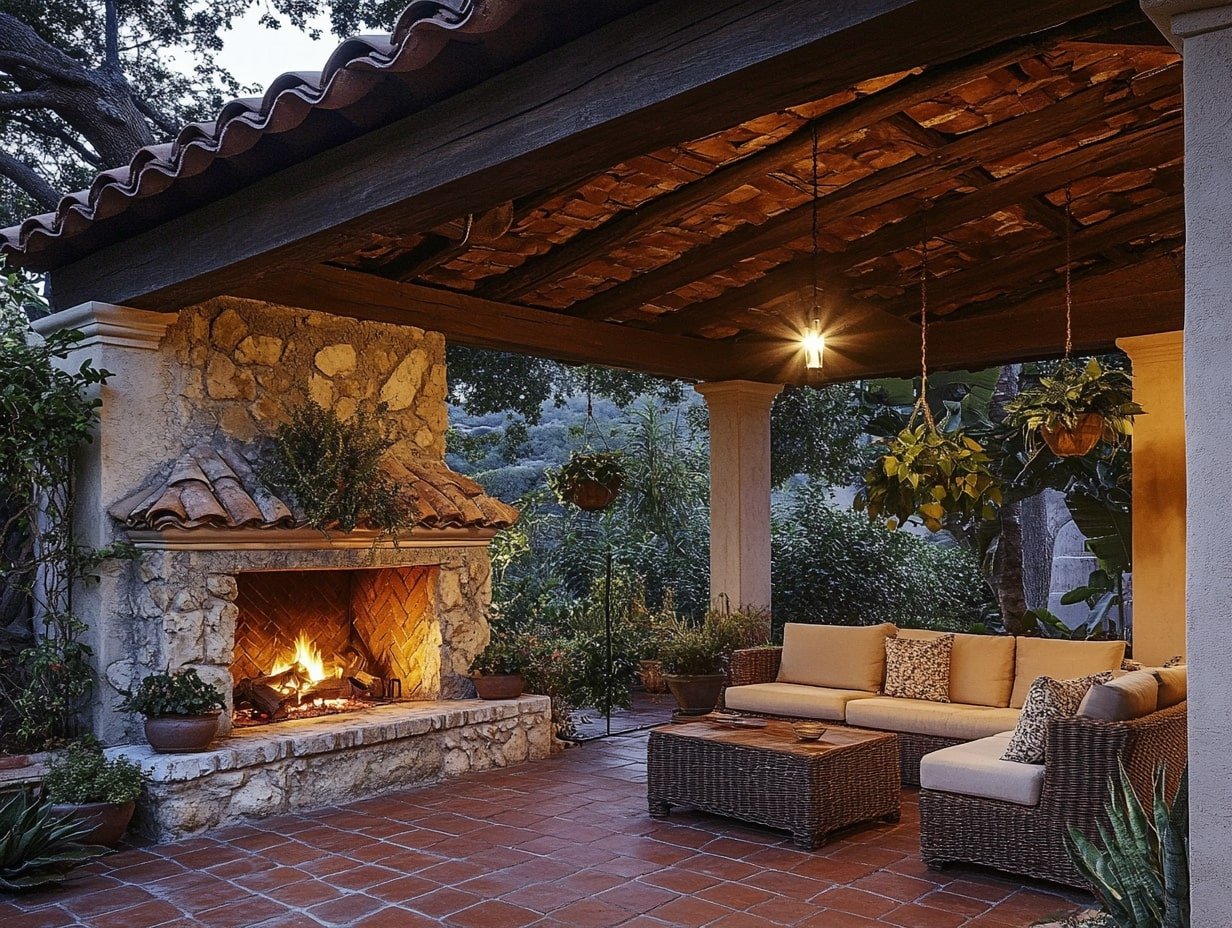 Embrace Mediterranean Warmth in an Outdoor Room with a Textured Fireplace and Terracotta Charm