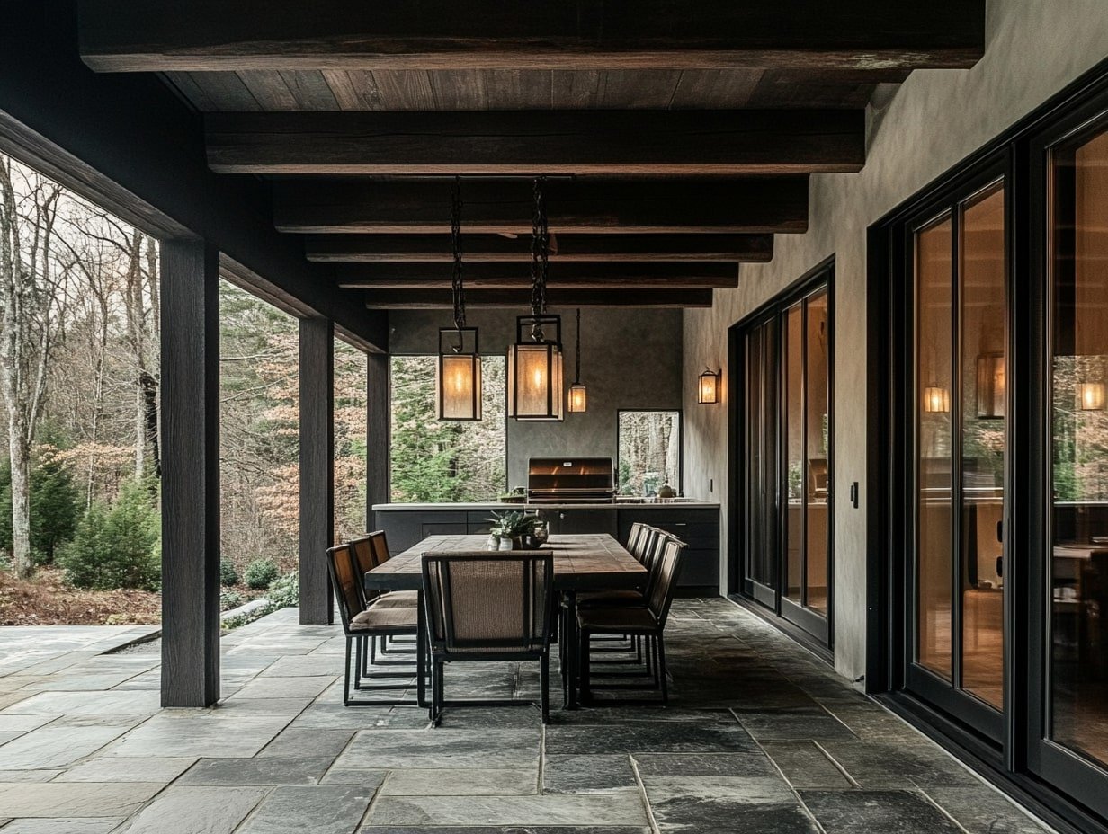 Create an Elegant Outdoor Dining Area with Dark Tones and Sophisticated Fixtures