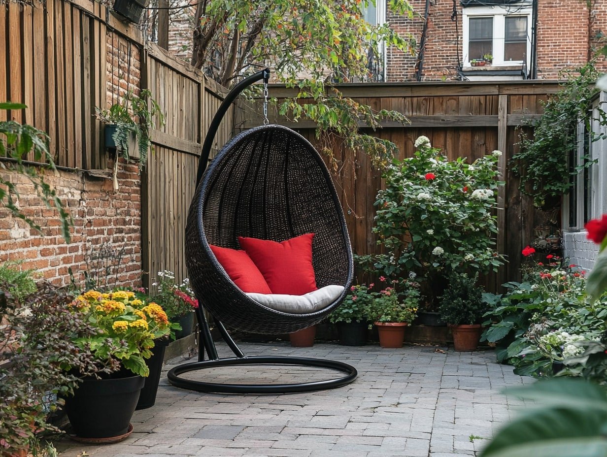 Cozy Up Your Patio with a Stylish Swing and Lush Garden Surroundings