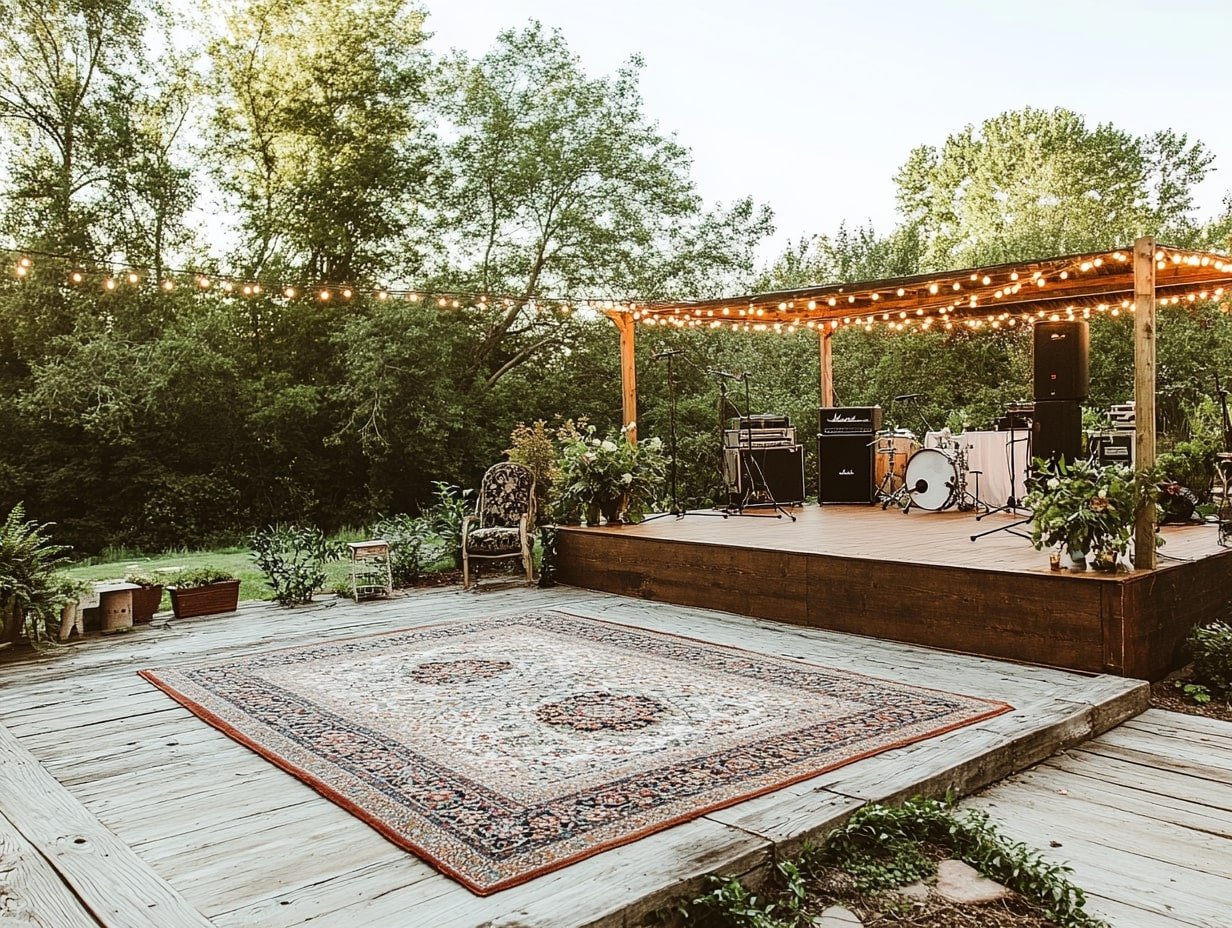 Embrace Rustic Vibes with a Plywood Dance Floor and Outdoor Rug Accents