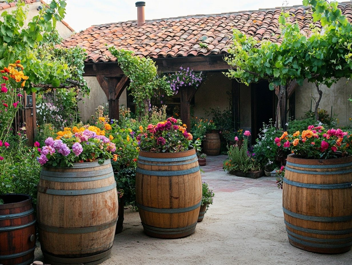 Repurpose Old Wine Barrels as Planters for a Rustic Touch