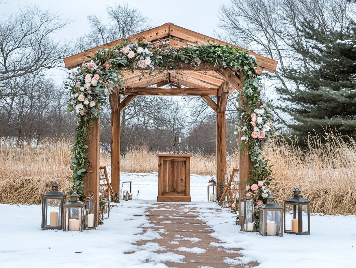Wooden Arbor With Winter Greenery and Blush Florals