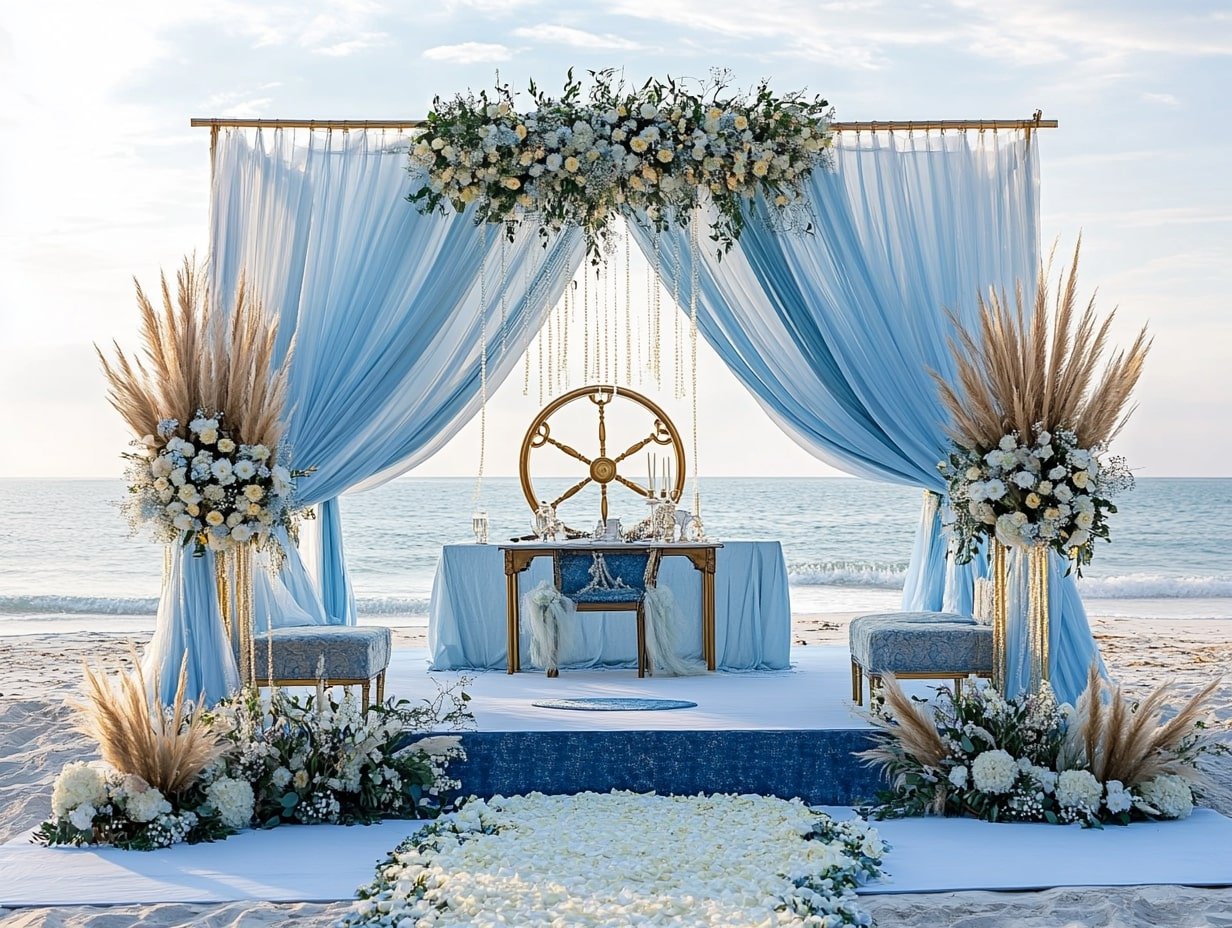 Beach Wedding Stage with Sky-Blue Drapes