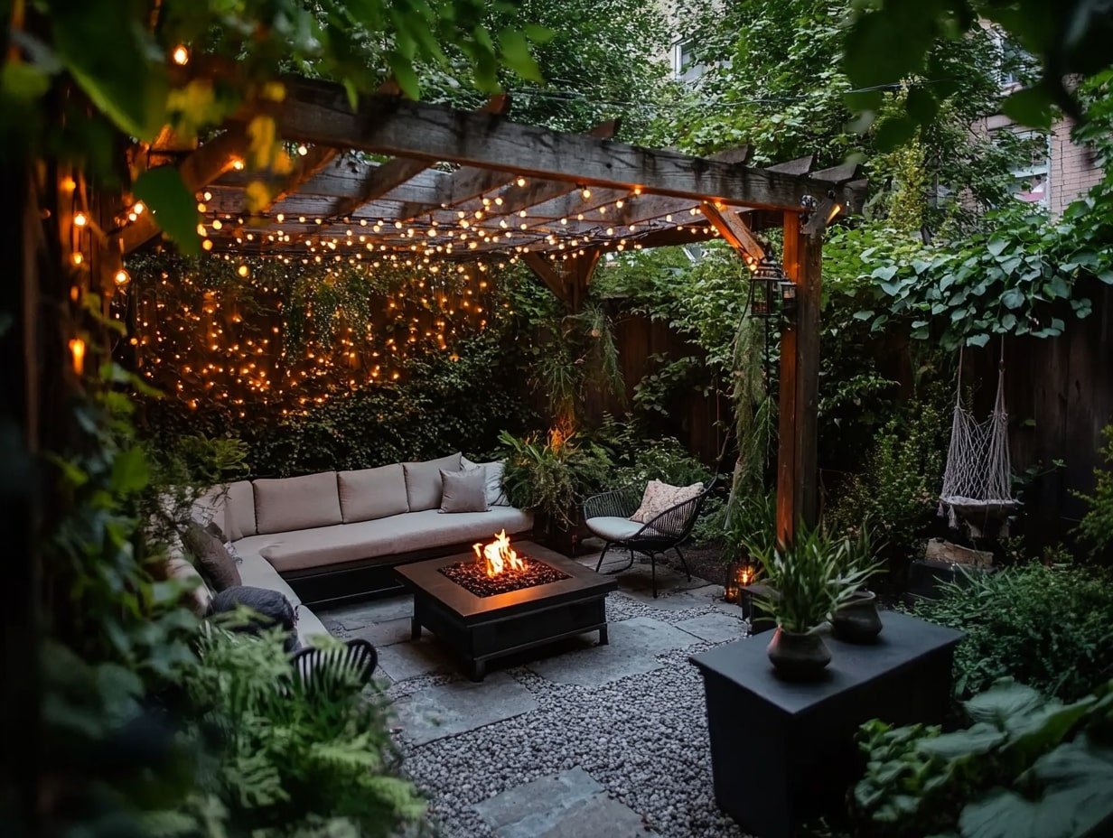 Cozy Outdoor Lounge with String Lights