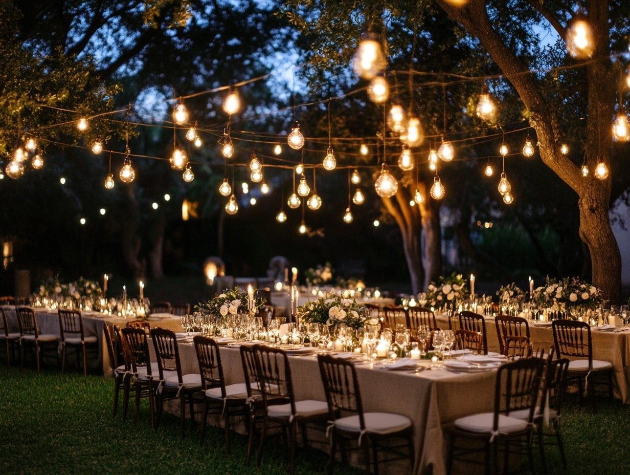 String Edison Bulbs Over Outdoor Tables for a Vintage-Industrial Wedding Glow