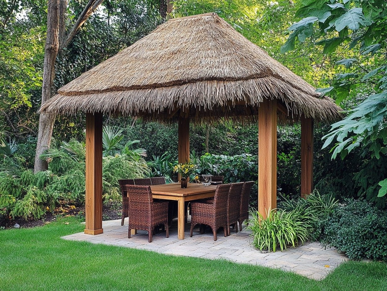Embrace Tropical Charm with a Thatched Roof Patio Dining Escape