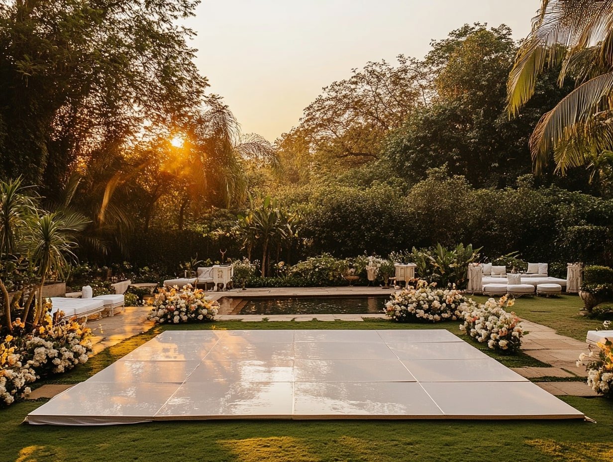 Create an Elegant Outdoor Dance Floor with Sleek Panels and Garden Surrounds