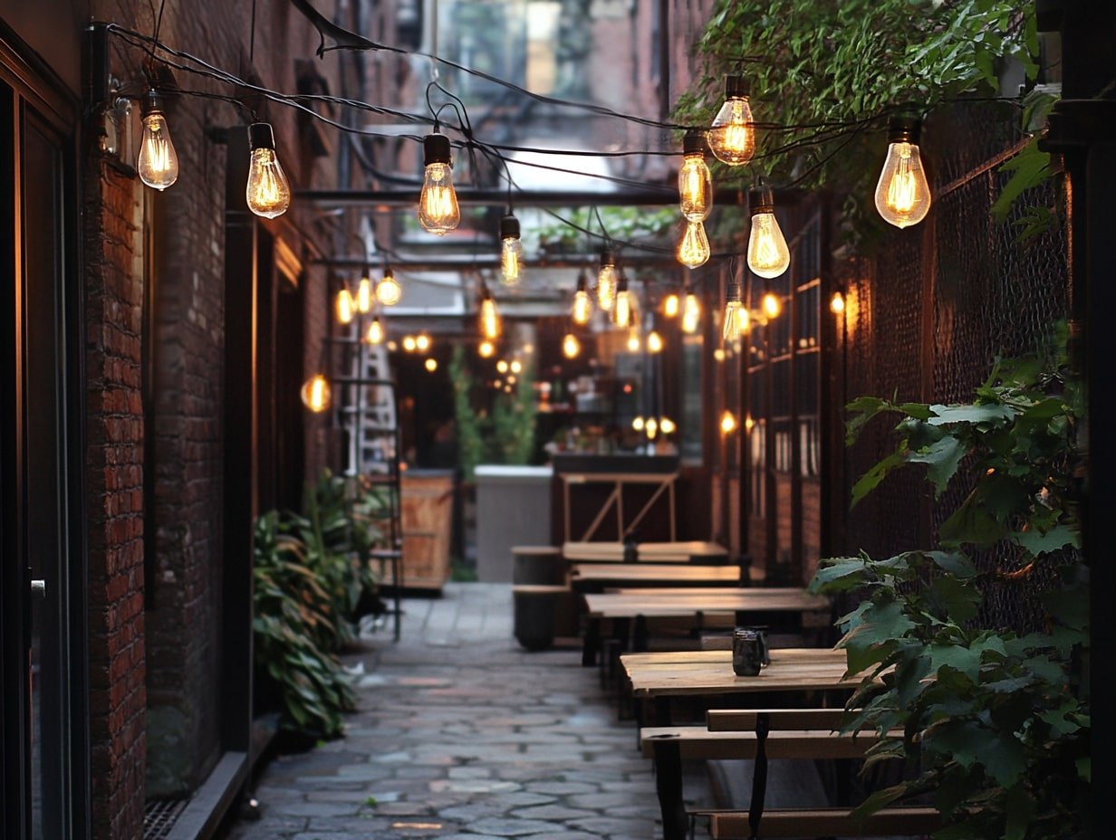Narrow Patios with Draped Bulb Strings