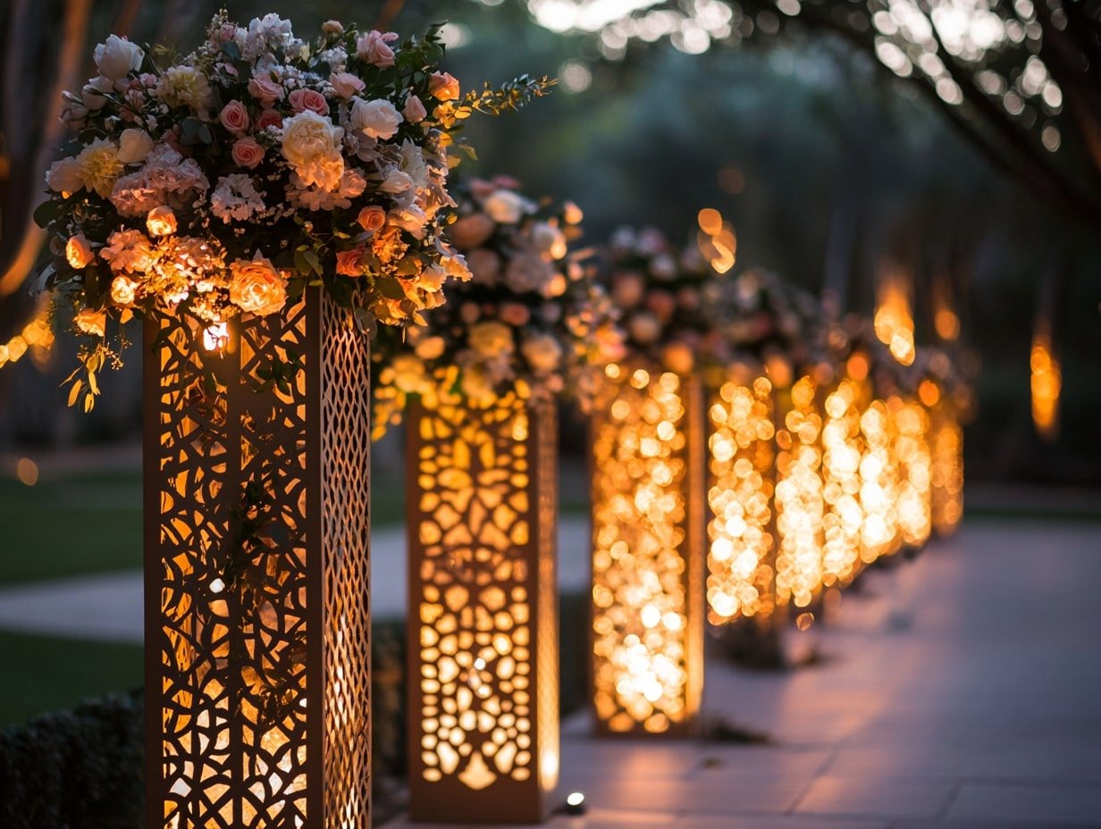 Use Pathway Lights with Floral Inserts for Romantic Aisle Elegance