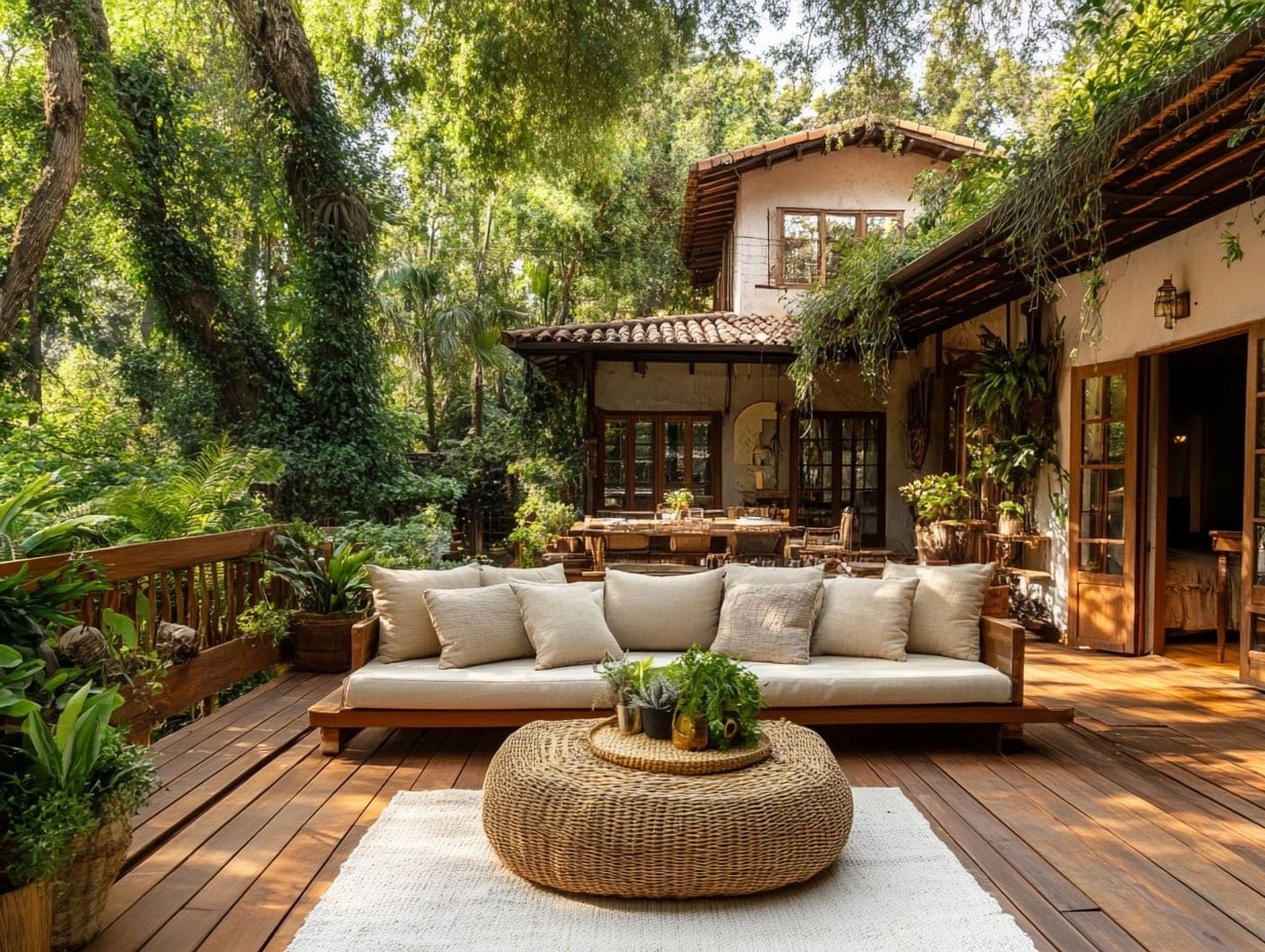 Create a Relaxed Boho Vibe with a Cozy Wood Deck Patio Surrounded by Nature