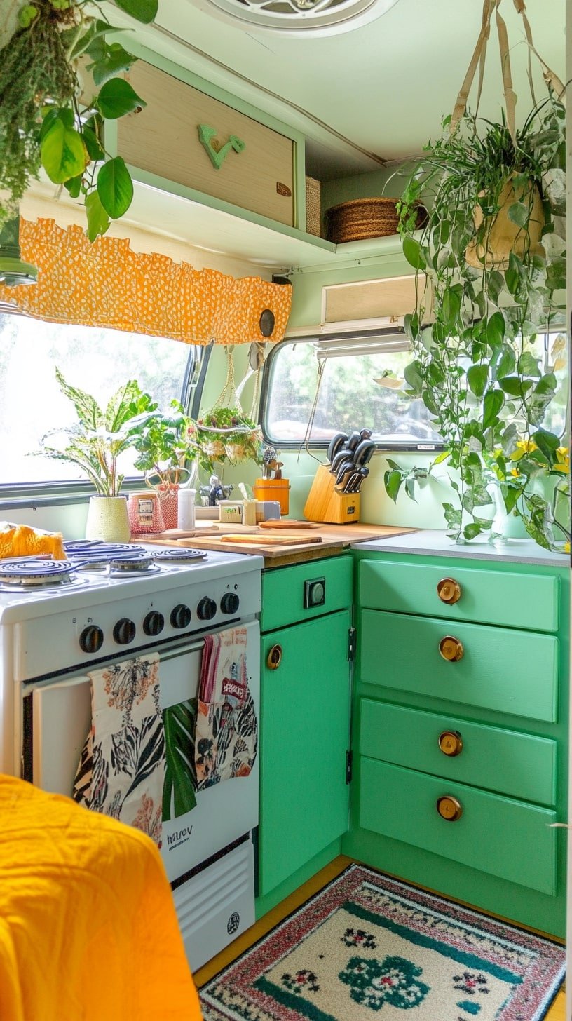 Vintage Boho Camper Kitchen with Colorful Retro Touches