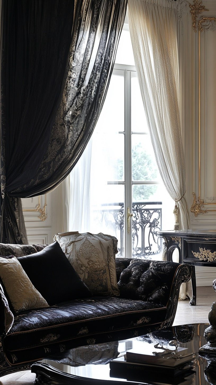 1940s Glam Sitting Room with Lacquered Furniture and Sheer Drapes
