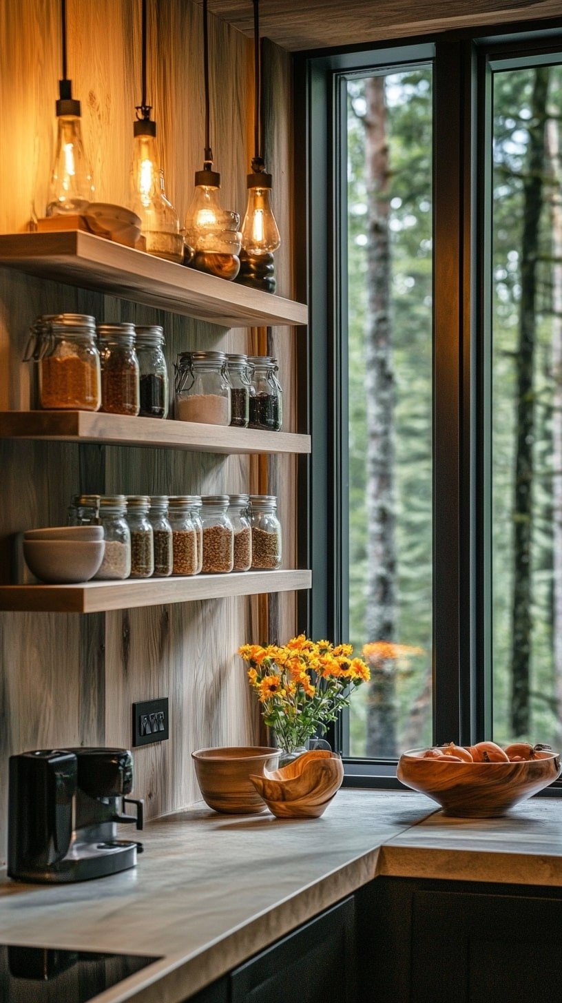 Earthy Boho Kitchen with Built-In Shelving and Open Windows
