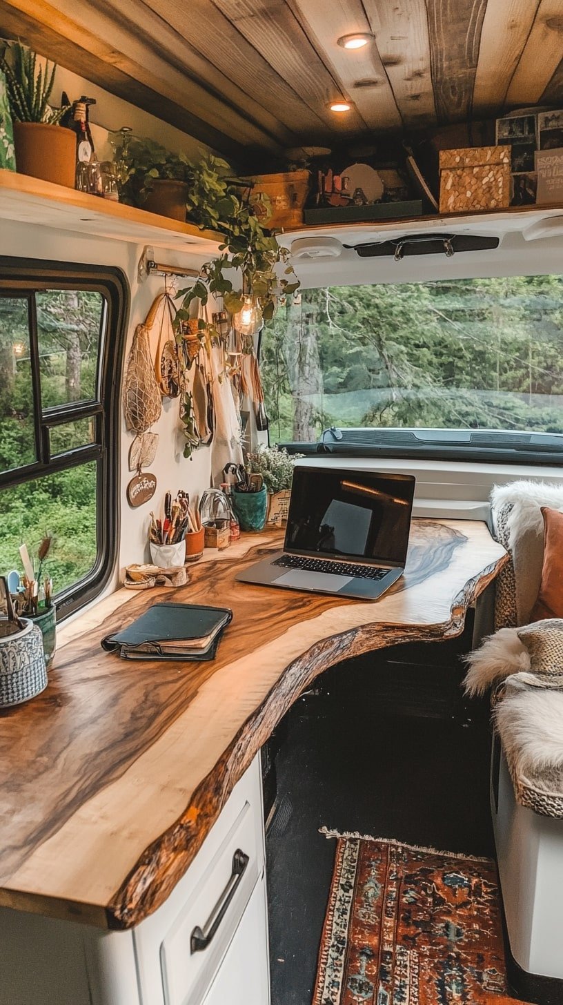 Adventure Van with Rustic Interior and Travel Workspace