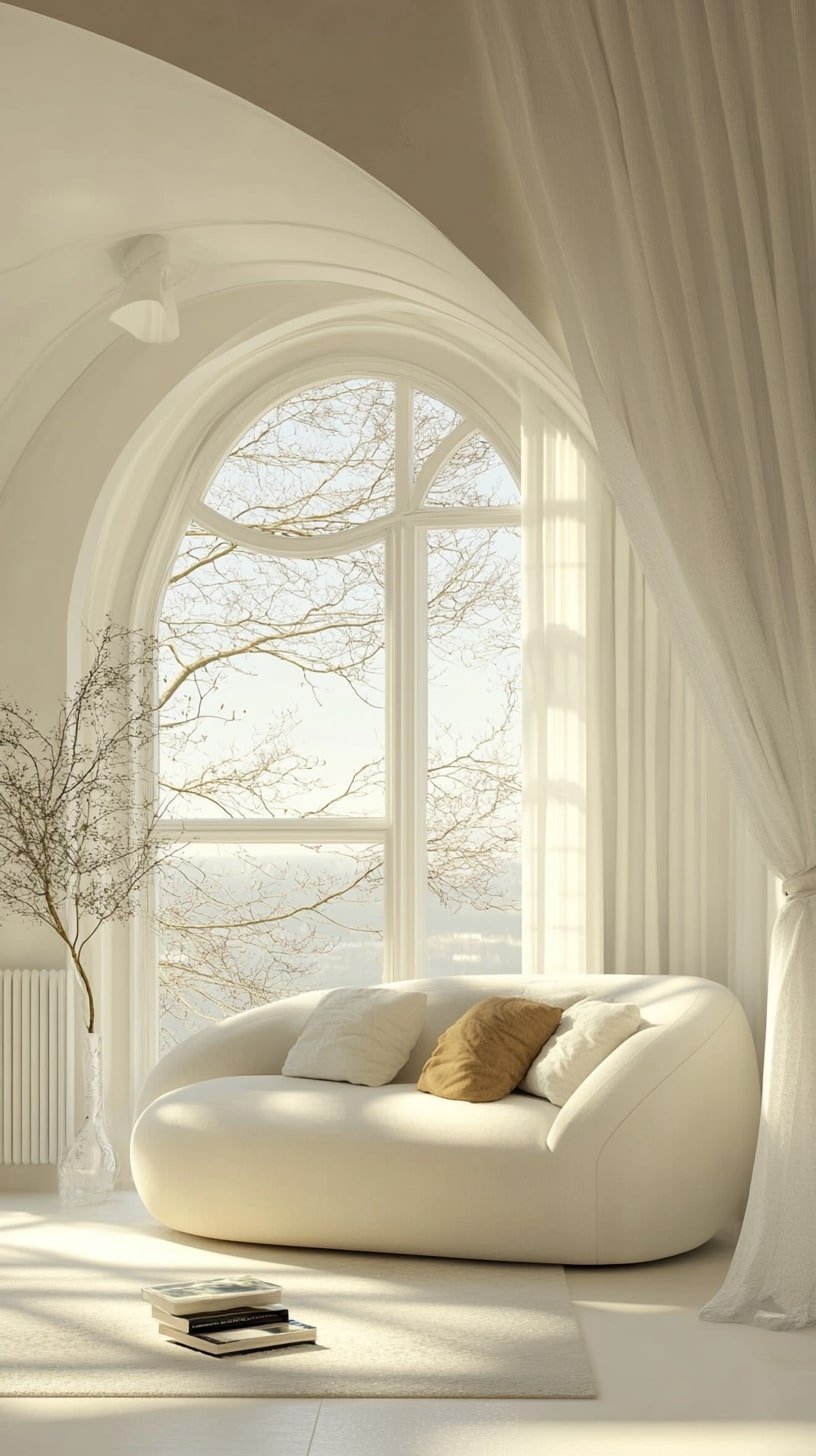 Airy Modern Living Room with Arched Window and Cream Decor