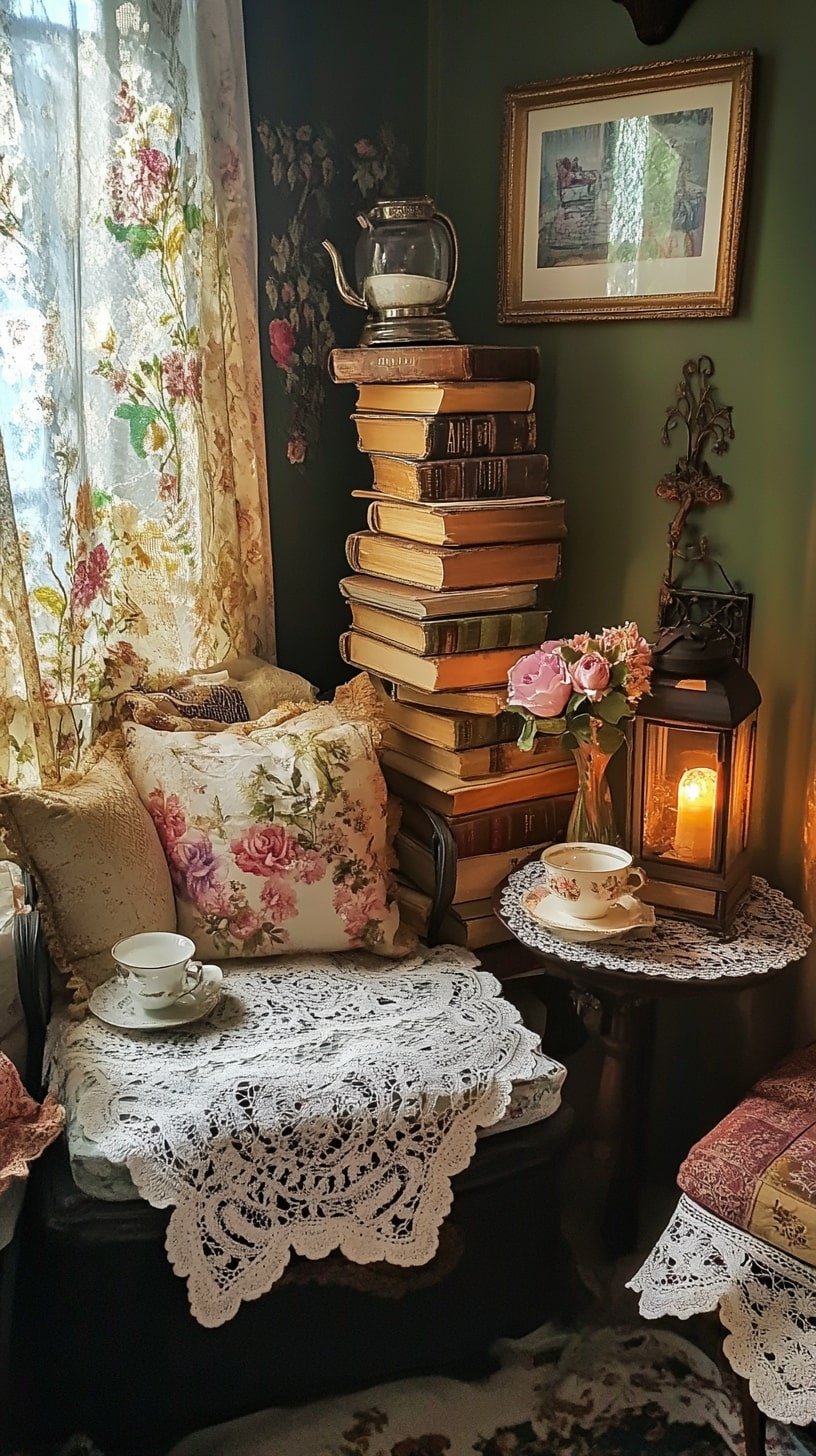 Antique Book Stack Tables and Lace Details