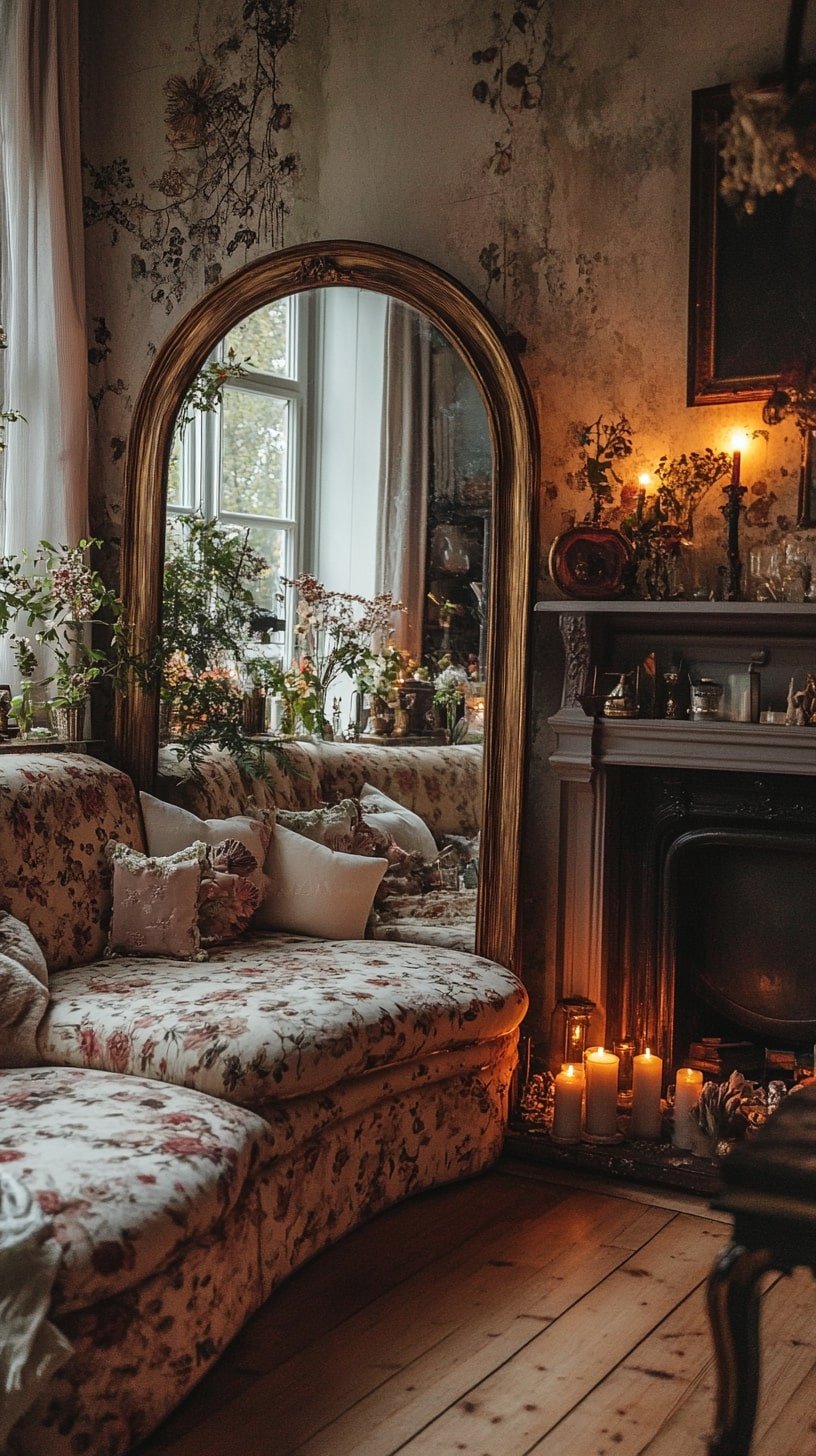 Antique Gold Mirror and Floral Sofa Combo