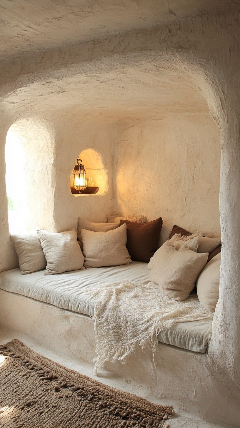 Arched Niche Living Room with In-Built Sofa and Linen Throws