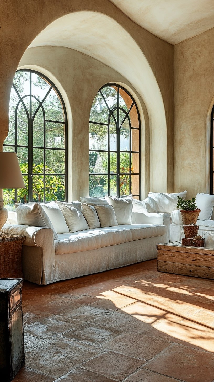 Arched Windows and White Stucco Walls in Coastal Living Room