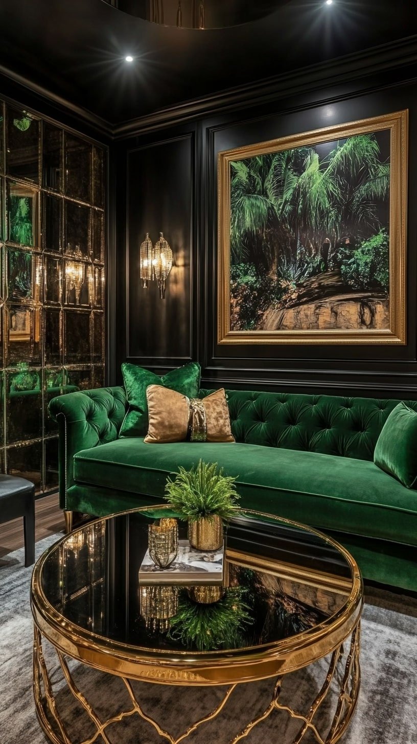 Art Deco-Inspired Living Room with Velvet Sofa and Gold Trim