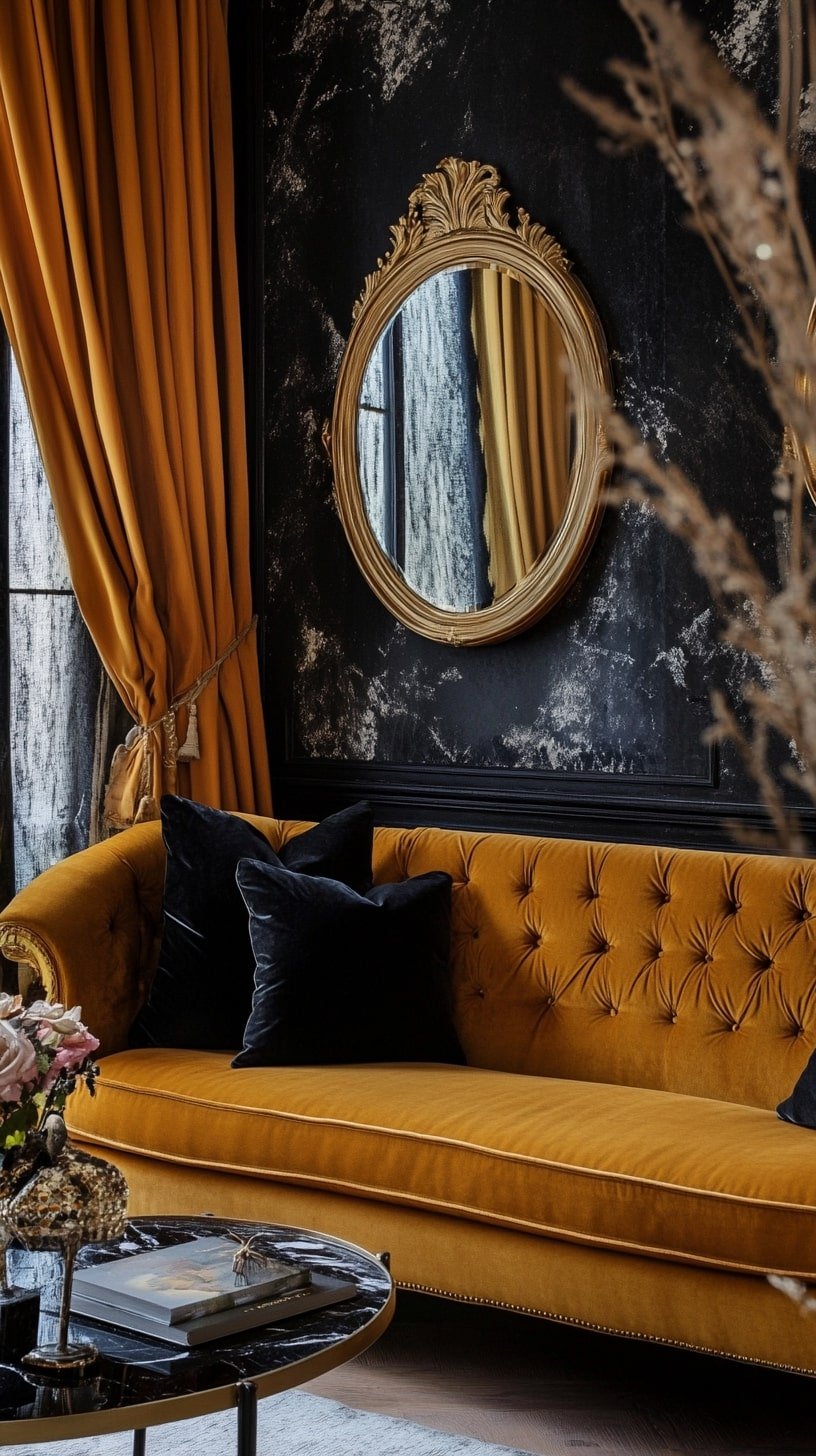 Art Deco-Inspired Room with Mustard Sofa and Gold Detailing