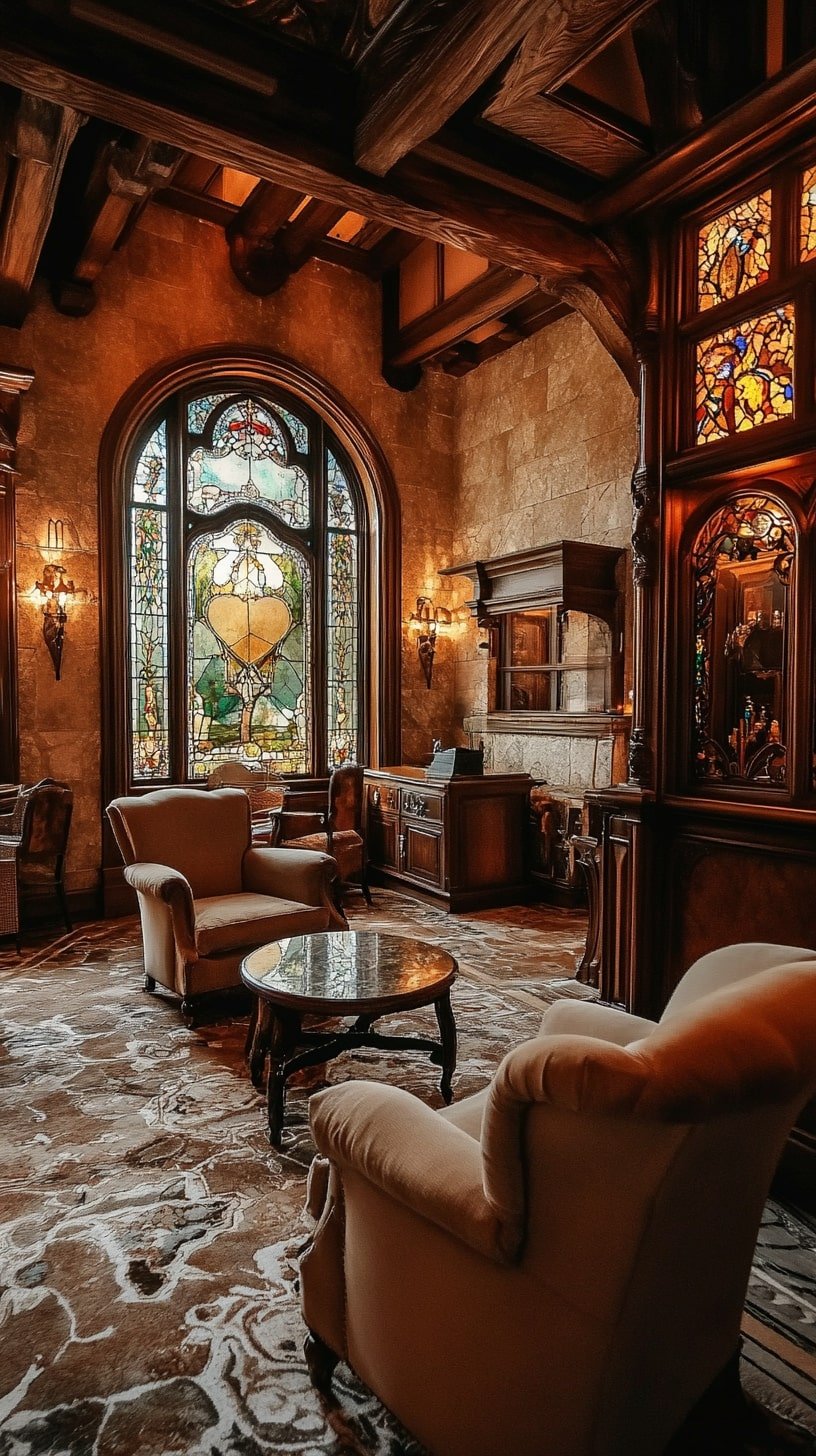 Art Nouveau Living Room with Curved Wood Accents and Stained Glass