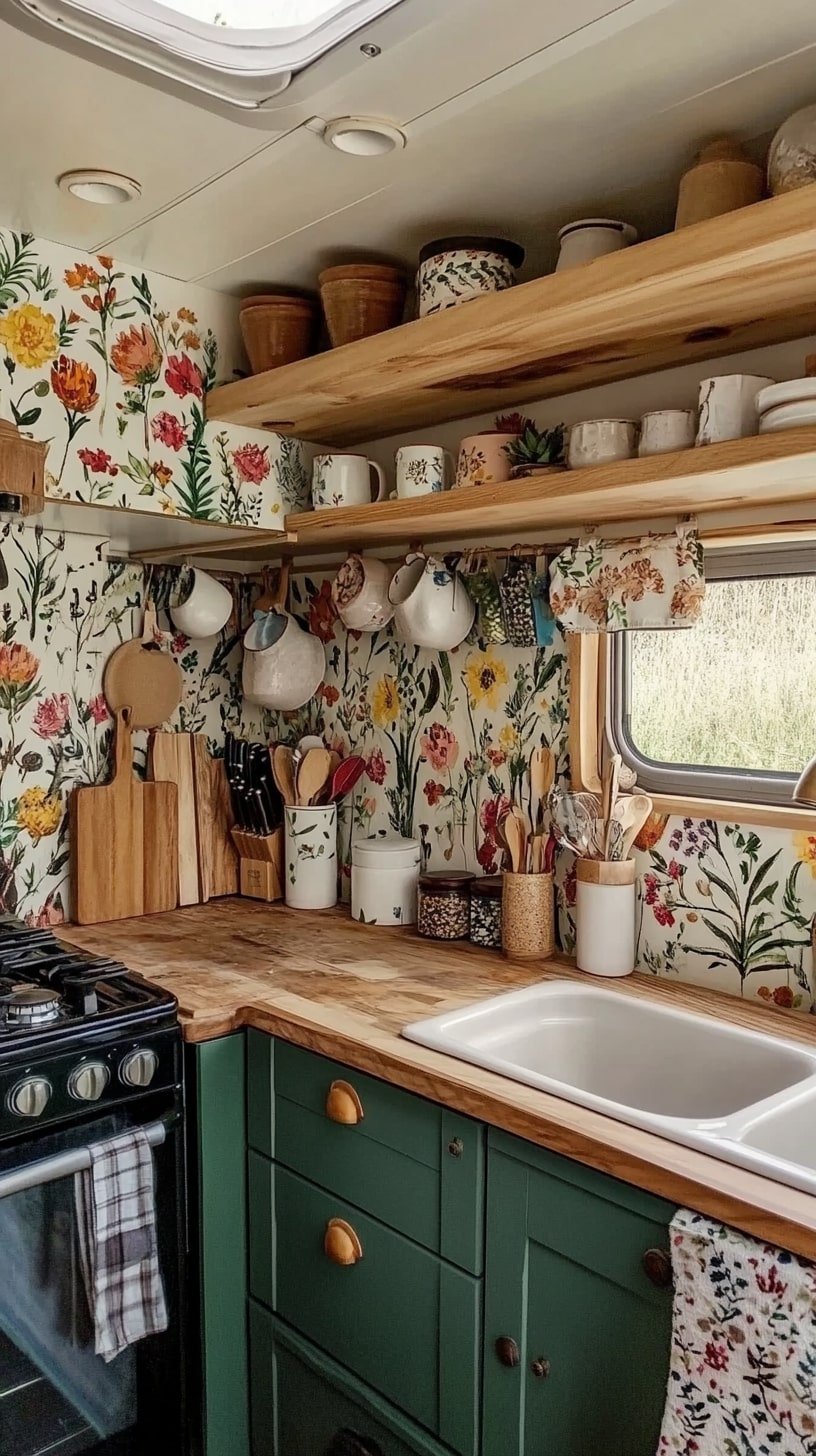 Artistic Kitchen with Painted Mural and Clay Accessories